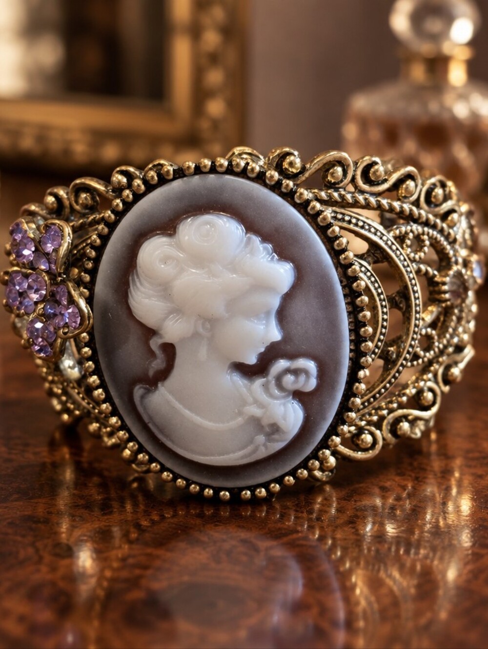 Victorian-style cameo filigree cuff bracelet, a classic piece of fashion costume